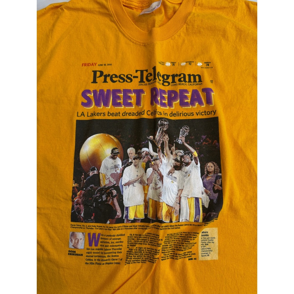 Vintage LA Lakers 2002 NBA Champions‎ Sweet Repeat Press-Telegram T-Shirt Gold - Picture 3 of 7